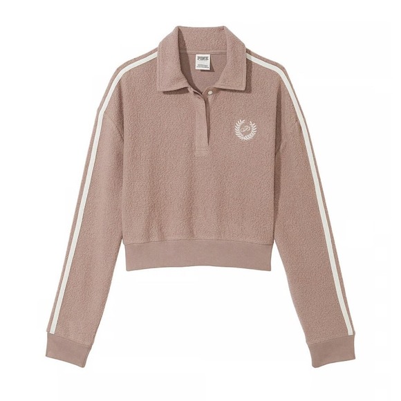 VICTORIA'S SECRET PINK REVERSE FLEECE CROPPED POLO SWEATSHIRT. SZ XL NWT Blush - Picture 1 of 11